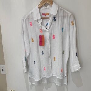Linen Spanish White Button-Up Shirt with Colorful Pineapple Embroidery NWT tags